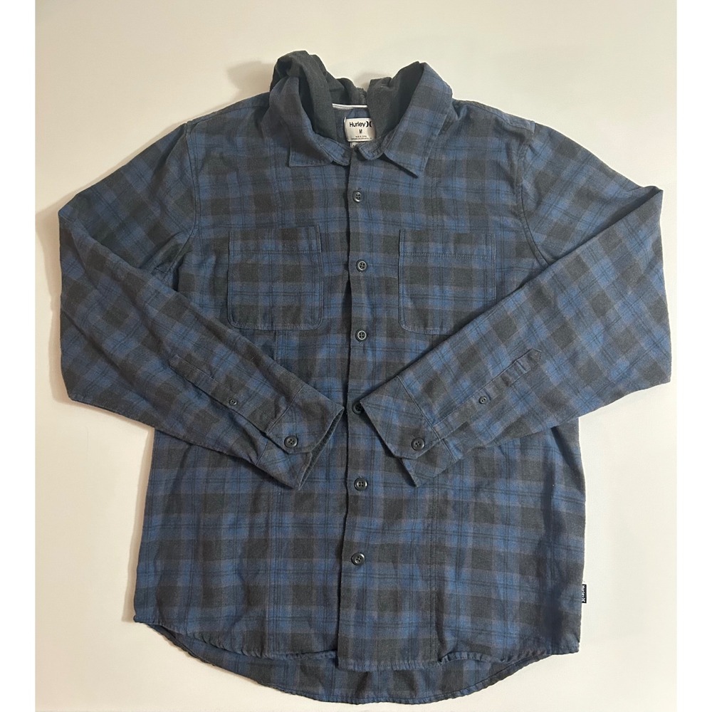 Hurley Mens Classic Fit Hooded Flannel Shirt Blue Grey Plaid Size Medium
